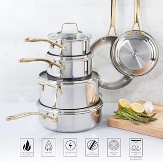 Martha Stewart Castelle 10 Piece Heavy Duty 18/8 Stainless Steel Pots and Pans Set for Induction and Nontoxic Cookware, Gold Handles, Dishwasher Safe