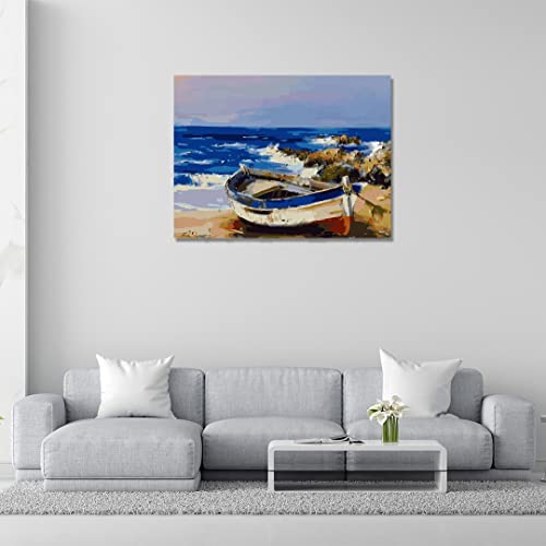 Image of RANGOLI 100% Cotton Stretched Canvas Painting 400 GSM, Framed Boat at the Beach Canvas Abstract Wall Art for Living Room, 3D Paintings for Wall Decor (24 x 36 Inch With Frame)