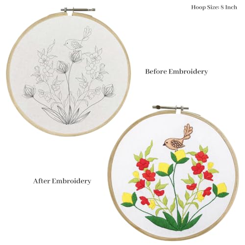 Image of picknMAKE Cross Stitch Embroidery Kit For Beginners & Adult, Showcasing Bird & Floral, Printed Fabric, Instruction Paper, Threads & Needles All Materials Included,Multicolor