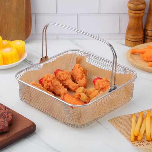 Cabilock 1 Set Cesta Cuadrada de Acero Inoxidable para Freidora, Cesta de Malla de 8 Pulgadas con Mango + Papel Parche Desechable Antiadherente, Accesorio de Repuesto para Cocina Casera | Cesta cuadrada de 8 pulgadas, malla de acero inoxidable, mango desm miniatura 5