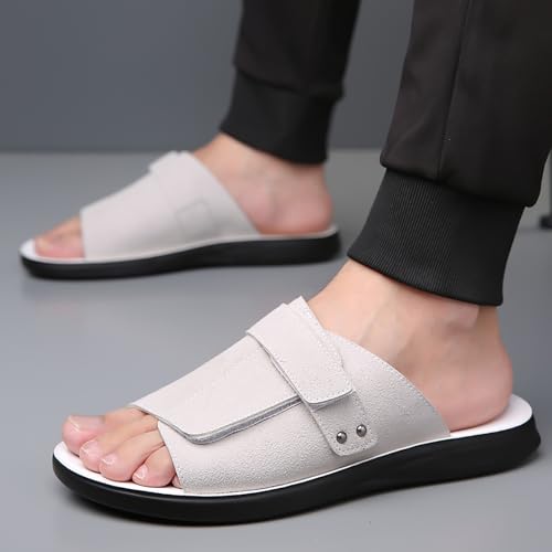 Men'S Leather Platform Slide Sandals With Adjustable Hook And Loop Fashion Round Toe Open Comfortable Slip On Soft Sole Non-Slip Casual Slippers For Daily Beach Walking3