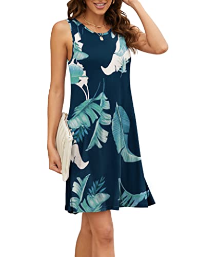 Image of Summer Dresses for Women Beach Floral Tshirt Sundress Sleeveless Pockets Casual Loose Tank Dress Floral Navy Blue Plantain 2XL