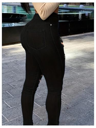 WDIRARA Women's High Waisted Ripped Skinny Jeans Stretch Distressed Denim Pants2