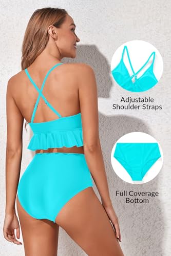 Image of Women Ruffle Bikini Set High Waisted Tummy Control Two Piece Swimsuits | Ruffle,High Waisted,Tummy Control,Removable Bra Pads,Adjustable Shoulder Straps,Full Coverage
