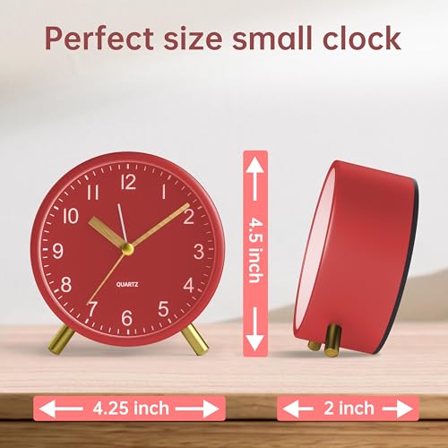 Image of JALL Analog Alarm Clock, 4 inch Super Silent Non Ticking Small Clock with Night Light, Battery Operated, Simple Design, Easy Setting for Office, Bedroom, Bedside, Desk, Teens, Elders, Adult, Red