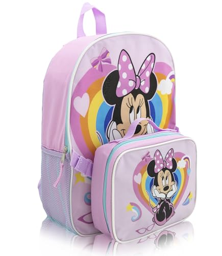 Disney Minnie Mouse Backpack with Lunch Box Set for Girls | 15 School Bookbag & Insulated Lunch Bag with Rainbow Design | Pink Backpack Set | Ages 3+