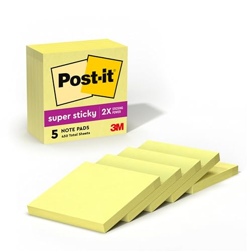 Post-it Super Sticky Notes, 3 x 3 in, Canary Yellow, 5 Pads, 90 Sheets/Pad - image 1
