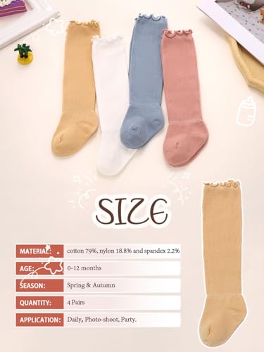 Formery Baby Girls Boys Knee High Socks Ruffled Baby Long Sock Cotton Solid Color Frilly Infant Stockings for 0-12 Months (4-Pairs)3