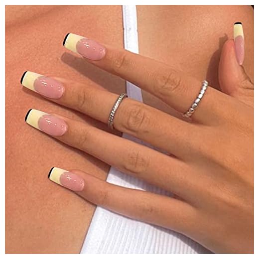 QINGGE Yellow French Tip Press on Nails Medium Length Coffin Glossy Fake Nails Tips with Black Line Stick on Nails with Glue Exquisite Acrylic Nails Contracted False Nails for Women 24Pcs