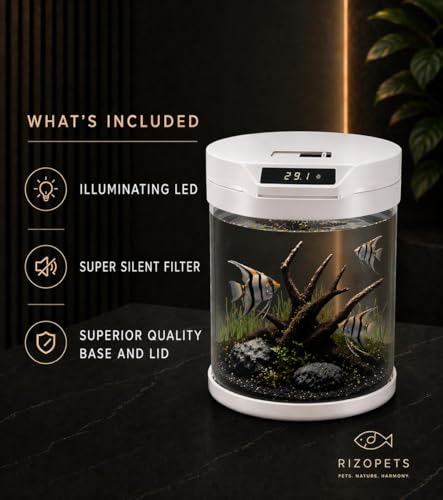 Image of rizopets Q-6 Cylindrical Smart Aquarium Fish Tank with Digital Temperature Display, lamp LED 5 WATT Filter Pump 3 watt Black, Round Shape(Size 31 cm x 31 cm x 36.5 cm.) Capacity 11 litres (White)
