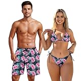 JOAIFO Men and Women Matching Swimsuits Hawaii Floral Men's Swim Trunks Women's 2 Piece Bikini Set Thong Bikini Sexy Triangle String Cheeky High Cut Swimsuit Mens Shorts Quick Dry Man M