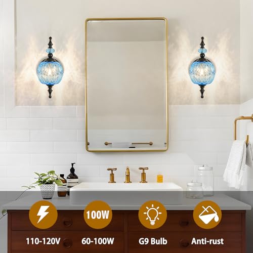 Image of Vintage Wall Sconces with Black Finish Bathroom Blue Wall Light Fixtures with Crystal Glass Shade for Bedroom Living Room Kitchen Hallway