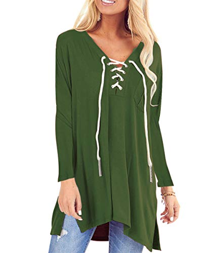 AMCLOS Womens Tops Floral V Neck Tunic Long Sleeve Blouses Lace Up with Pocket Flowy Casual Shirts (Solid-Green, Medium)