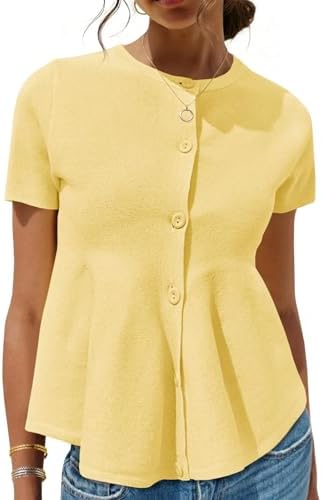 Saodimallsu Womens Short Sleeve Cardigans Ruffle Button Down Crew Neck Peplum Babydoll Knit Sweater Tops