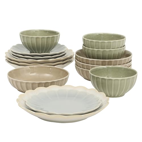 Image of Gibson Elite Malibu Shore 16 Piece Scallop Stoneware Reactive Glaze (Service for 4) Ceramic Plates and Bowls Dinnerware Set - Assorted Color (Shiny Cream White, Blue, Cream, Terracotta)