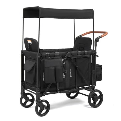 Bonnlo Folding Wagon for Kids to Sit in Elevated 2-Seater Handcart with Detachable Seats Removable Canopy 5-Point Harness and Large All-Terrain Wheels Outdoor Camping Cargo Cart Black