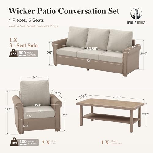 Image of HERA'S HOUSE Patio Furniture Set, 4 x Cushioned Chairs, 3-Seat Sofa with Wood Grain Coffee Table, 5 Seats Luxury Windsor Style All Weahter Outdoor Sofa Conversation Set for Deck Lawn Backyard