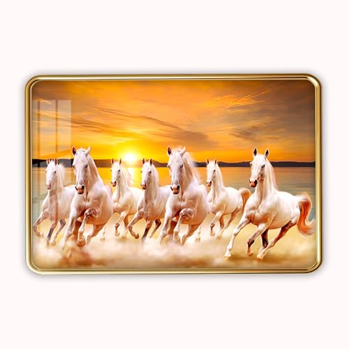 Image of 7 Running Horses Photo Frame, Ultra High Gloss Lamination, Vastu Painting for Living Room, Office, 12x18 Inch (Design 6)