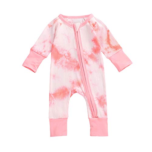 iddolaka Newborn Baby Boy Girl Long Sleeve Tie Dye Romper Zipper Jumpsuit Bodysuit One Piece Ribbed Outfit Fall Clothes (I-Tie Dye Oblique Zipper Jumpsuit Pink, 6-12 Months)