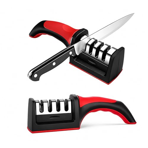 Image of Knife Sharpener, 4-in-1 Professional Kitchen Knife Sharpener Tool, Manual 4-Stage Sharpening System for Straight & Serrated Blades, Stainless Steel Base, Non-Slip Ergonomic Handle