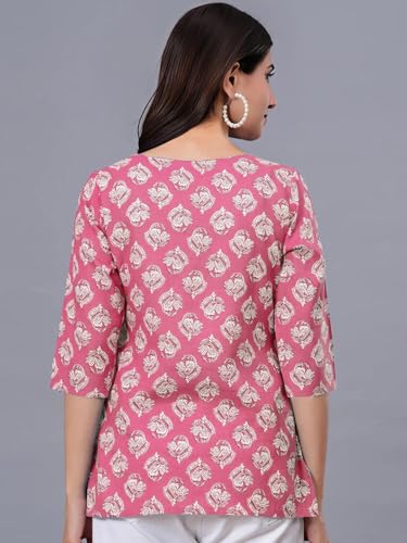 Image of Pinkmint Women's Printed Cotton Blend Short Kurti l All Over Printed V-Cut Neckline Casual Wear Tunic Top's l Ethnic Top's for Girls