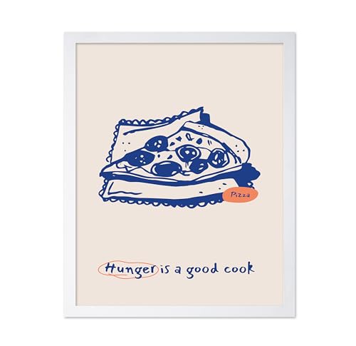 Poster Master Hunger Is A Good Cook Poster - Retro Pizza Print - Lemonade Art - Food & Drink Design - Sketch Drawing - Pastry Graphic - Aesthetic Decor - Kitchen or Restaurant Decor, 11x14 White Frame