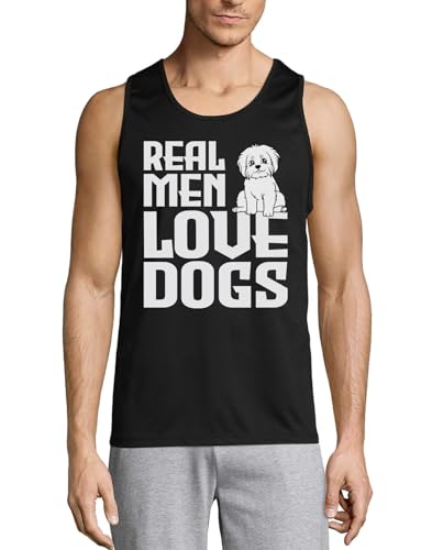Camiseta de algodón para hombre en color negro modelo Real Men Love Dogs Cute Puppy