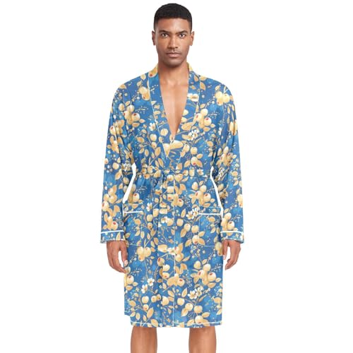 Amooorous Albornoz para hombre, color azul y dorado, con flores personalizadas, vestido grande y alto, vestido de noche para hombre, bata para caballero, después de la ducha, talla L