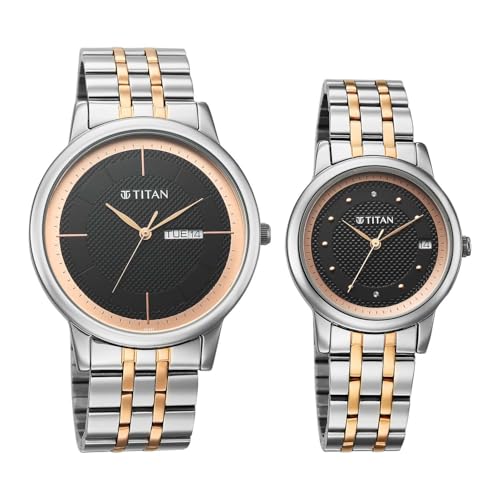 Image of Titan Bandhan Eternal Pair Analog with Date and Black Dial Dual Tone Stainless Steel Strap Watch for Couples - 19672967KM01