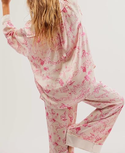 Women Satin Pajama Set Floral Silk Pajamas 2 Piece Lounge Sets Button Down Shirts Wide Leg Pants Pjs Sleepwear2
