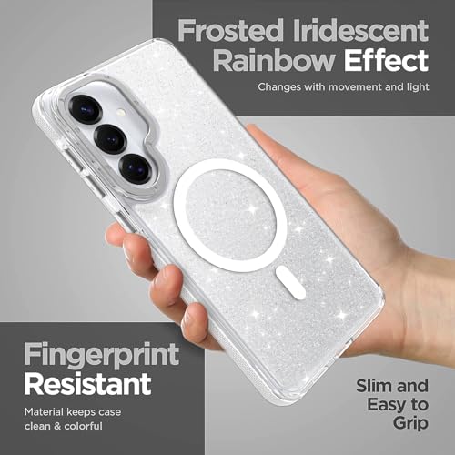 Image of Magnetic Case for Samsung Galaxy S26 Plus [Compatible with Magsafe] [Bling Glitter Fluorescent Design] [1 Screen Protector] Slim Translucent Matte Case for Galaxy S26 Plus 6.7 inch, White