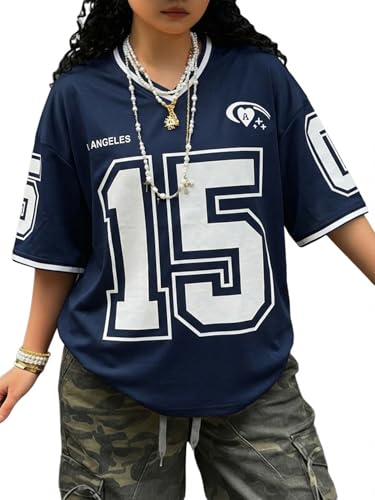 Image of SOLY HUX Jersey Shirts for Women Number Graphic Print V Neck Baggy Tees Hip Hop Streetwear