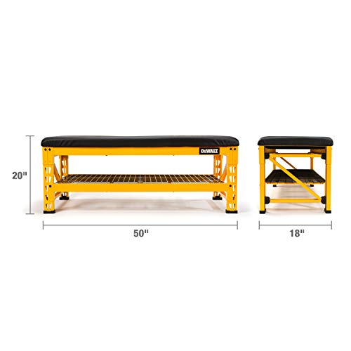 DEWALT Garage Bench with Wire Grid Storage Shelf, Rip-Resistant Foam-Padded Vinyl Seat, 1000-lb Capacity Bench Top, 1500-lb Capacity Shelf, Steel Frame