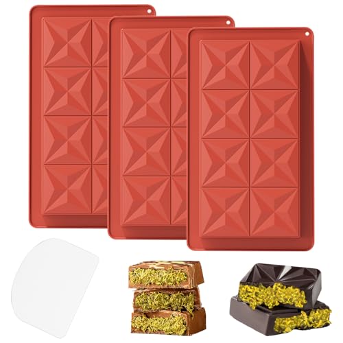 YXHZVON Stampo Cioccolatini Profondo,3 Pezzi Stampo per Cioccolato in Silicone con 1 Raschietto, senza BPA, Stampi per Barretta di Cioccolato Per Fare Cioccolato Torte Gelatine