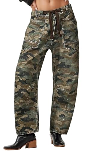 loveimgs Women Baggy Camo Cargo Pants Barrel Jeans Sweatpants Mid Rise Jeans Drawstring Denim Pants Camouflage Boyfriend Y2k
