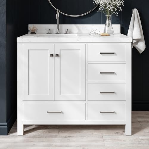 ARIEL Cambridge 42-inch Bathroom Vanity with Sink,Solid Wood, 1.5-inch Carrara White Quartz Countertop, Single Rectangular Porcelain Sink, 2 Soft Closing Doors, 5 Dovetail Drawers, White