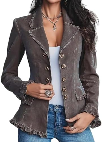 Women's Faux Suede Slim Fit Jackets Casual Grey Lightweight Ruffl...