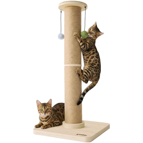 ZOMISIA 35 Tall Cat Scratching Post 4.7 Large Scratch Post with Thicken Wooden Base for Indoor Cats Adults Sisal Scratcher Top & Dangling Balls Super Sturdy