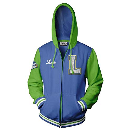 JINX Overwatch Varsity Lucio Men's Gamer Zip-Up Hoodie, Blue/Green, X-Large
