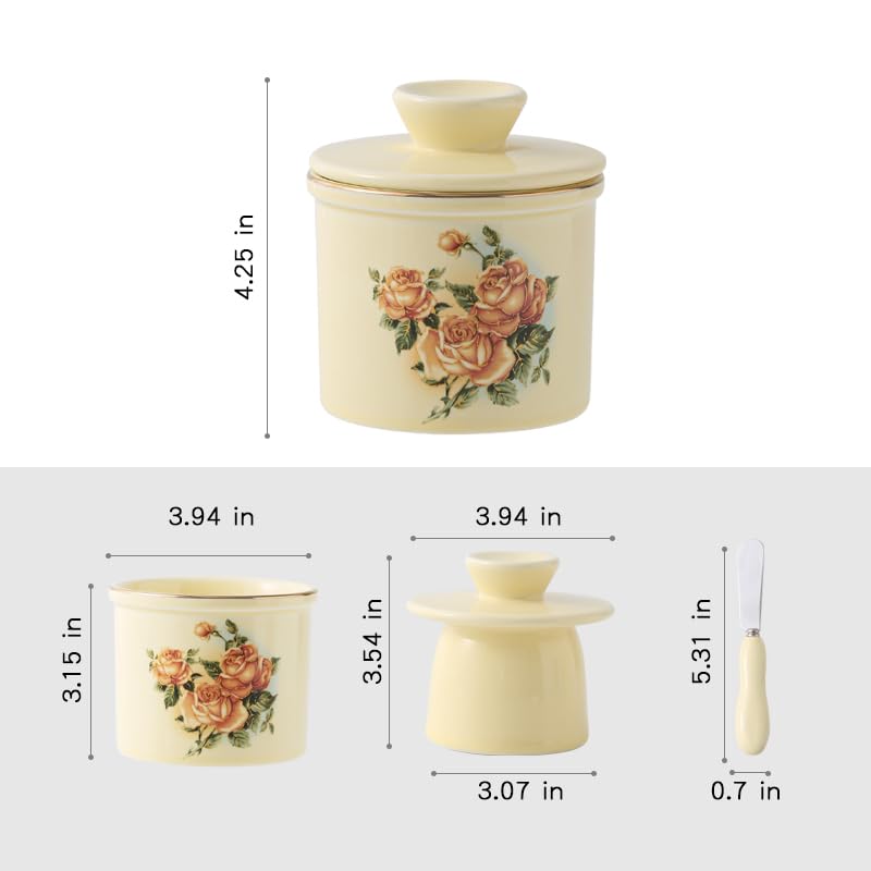 Ceramic Butter Dish with Airtight Lid - Farmhouse Style Butter Keeper Countertop Container for Room Temperature Storage, Includes Stainless Steel Spreader