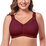 TELIMUSSTO Damen Plus Size Soft Cotton Lace BH Full Coverage Wirefree Nicht Gepolstert, Weinrot, 75DD