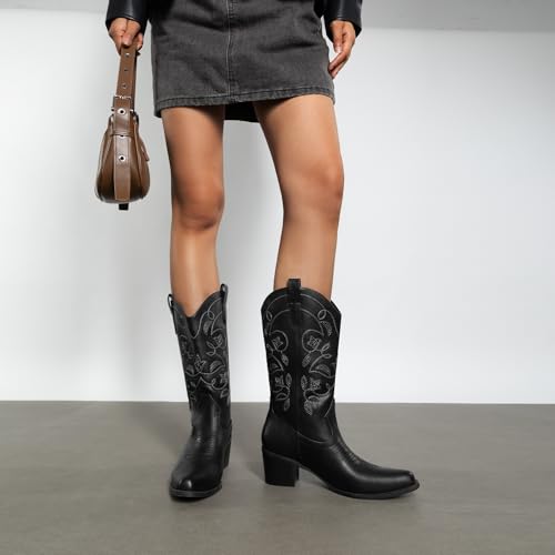 Image of DREAM PAIRS Cowboy Boots for Women Cowgirl Western Boots Fashion Embroidery Stitched Chunky Heel Mid Calf Boots