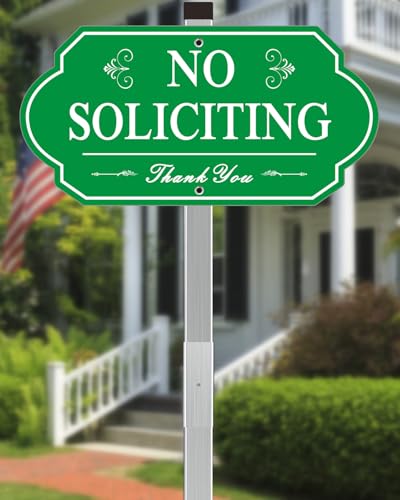Image of Heavy Duty No Soliciting Sign for House - All Metal Construction No Soliciting Yard Sign - 14 inch x 7 inch - Aluminum - with 28 inch Long Stake (Green)