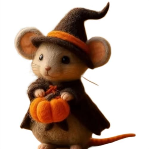 Handmade Wool Felt Halloween Mouse Ornament Cute Halloween Pumpkin Mouse with Witch Hat Needle Felted Animals Decoration Gifts for Home Party Decor