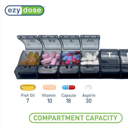 Image of Ezy Dose Weekly (7-Day) Pill Organizer, X-Large Medicine Planner, Black | Daily Vitamin & Supplement Case, Spacious Push-Button Compartments, Convenient & Easy to Use, Travel-Friendly, BPA-Free
