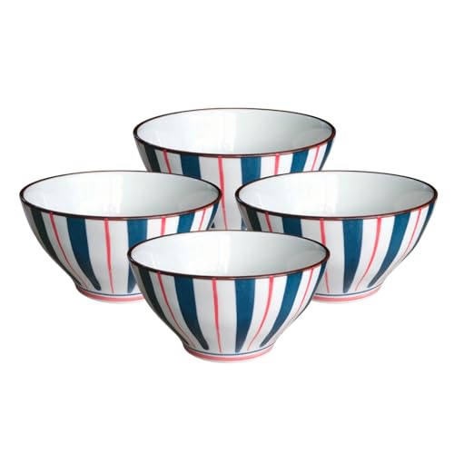 Image of Lellow Premium Ceramic Bowl Set of 4 - Handcrafted Striped Bowls for Soup, Noodles, Snacks & Desserts - Microwave & Dishwasher Safe, 300ml
