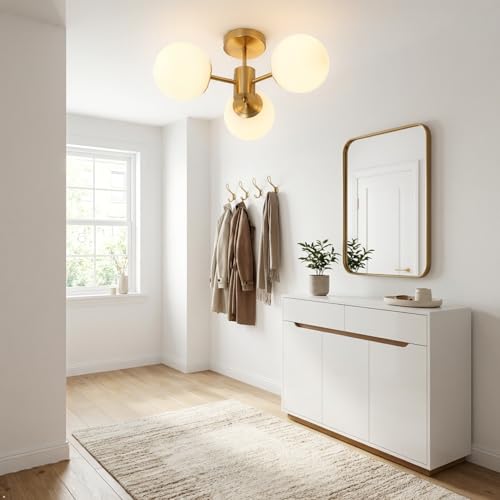 Image of 3 Lights Semi Flush Mount Ceiling Light Mid Century Modern Brass Ceiling Light Milk Glass Sputnik Small Chandelier for Bedroom Dinning Room Foyer Hallway