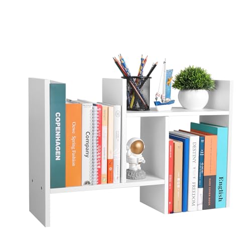 Image of CITLOW Desktop Shelf Organizer - Adjustable Wood Desktop Bookshelf, Table Top Shelves, Desk Book Organizer for Office Supplies and Home Decor (White)