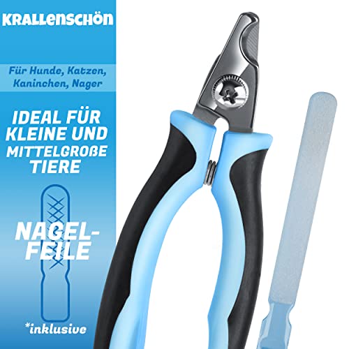 BluePet Kleine Krallenschere für kleine Hunde, Katzen & Kleintiere I Angewinkelter Schneidekopf für Enge Krallen I Krallenzange mit Krallenfeile für ideale Krallenpflege mit Nagelschneider