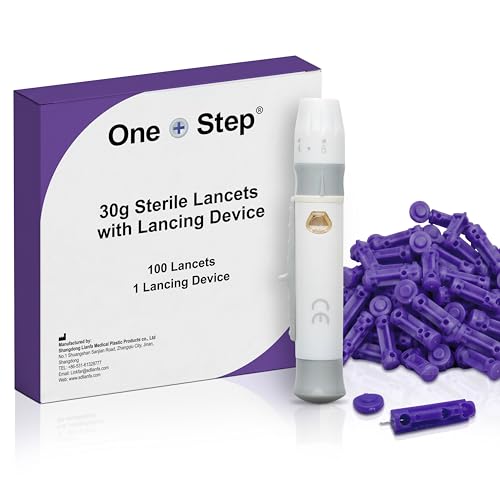 One Step Lancing Device & 100 x 30 Gauge Twist Top Lancets Blood Sampling Pen 5 Depth Settings Gluco Sugar Level Testing Less Pain and Ejector